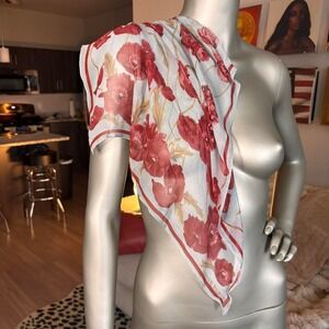 Anne Klein Red Floral Square Scarf | Sheer Vintage Neck Hair Scarf‎